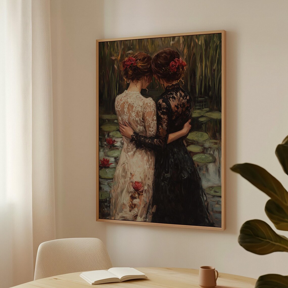 Two Women Embracing at a Lily Pond Romantic Vintage Oil Painting Print - Image 5