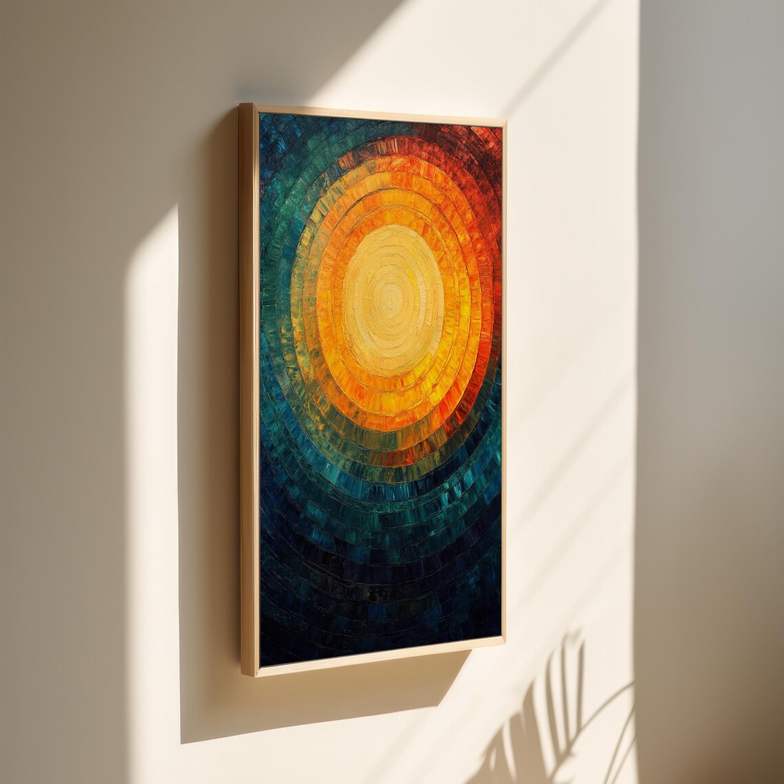 Vibrant Abstract Sun Golden Center Teal Rings Modern Art Poster - Image 2