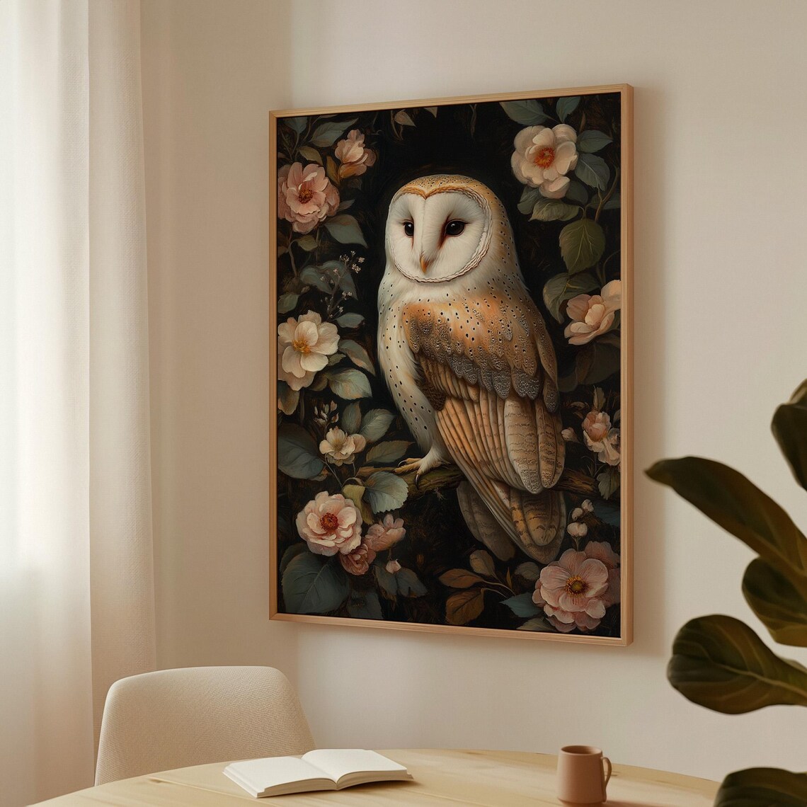 Barn Owl Among Pink Blossoms Dark Floral Wildlife Art Poster - Image 3