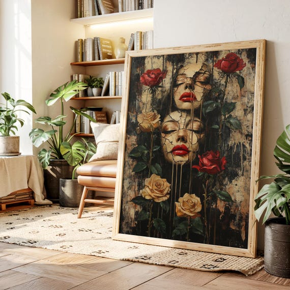 Double Cracked Face Canvas With Roses Dark Surreal Feminine Wall Art Red Lips Dripping Texture Gothic Vintage Portrait Print