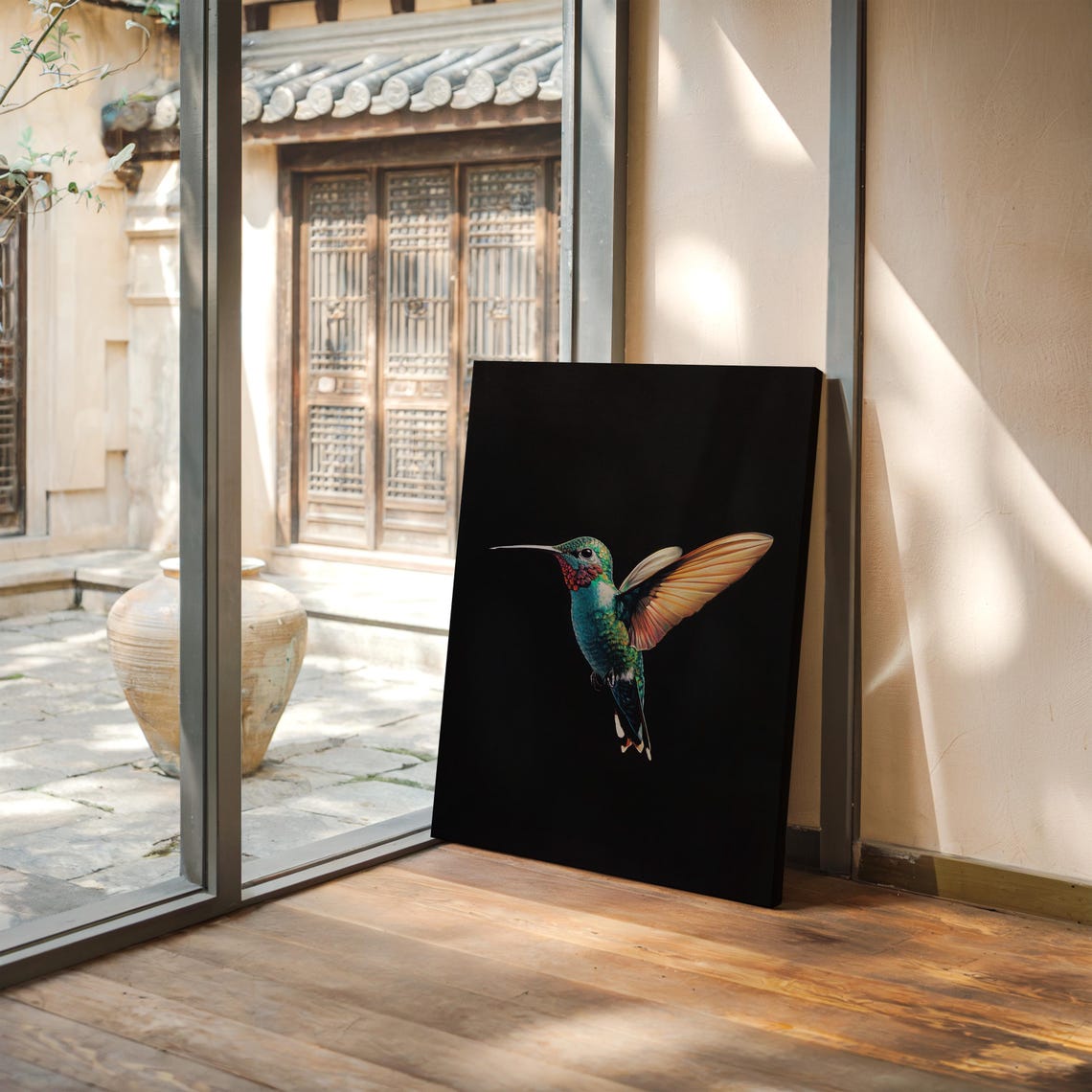 Emerald Hummingbird In Flight On Black Background Wildlife Art Poster