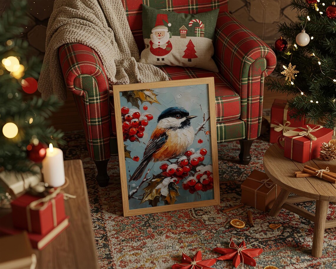 Chickadee on Snowy Red Berries Winter Songbird Painting Poster