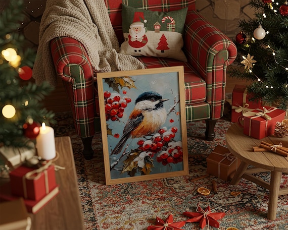 Chickadee on Snowy Red Berries Winter Songbird Painting Poster