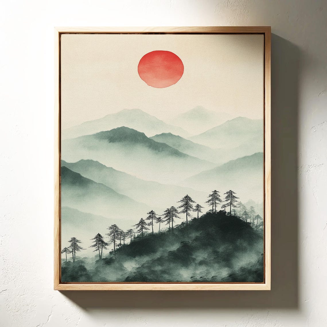 Misty Green Mountain Ink Wash With Red Sun Japanese Zen Poster - Image 2