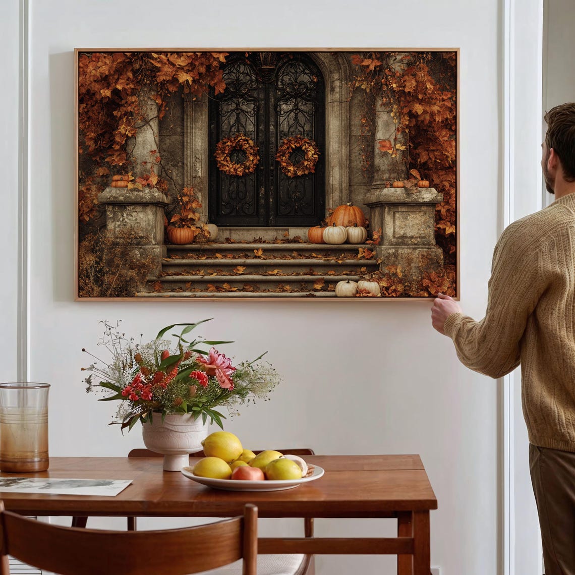 Autumn Stone Doorway With Wreaths Pumpkins And Falling Leaves Wall Art