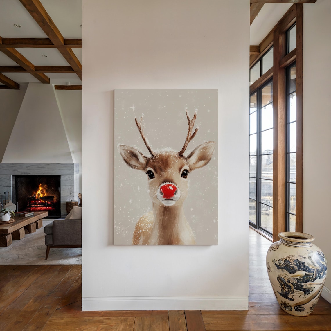 Red Nosed Reindeer Christmas Farmhouse Wall Art Print - Image 4