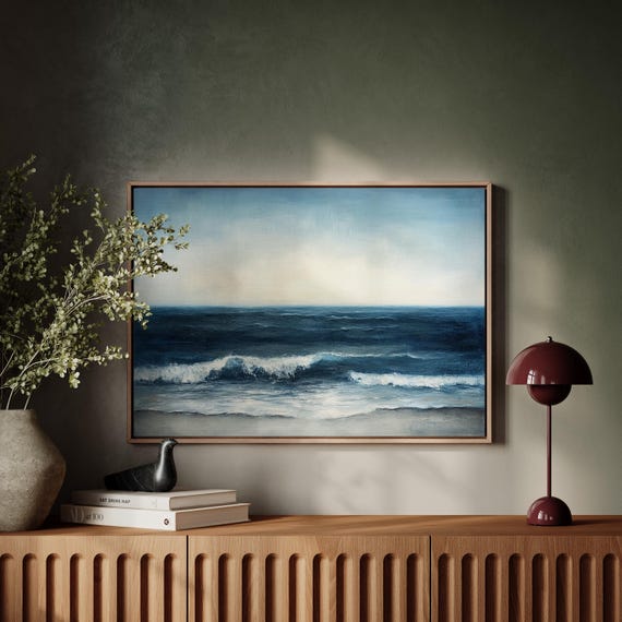 Dark Ocean Waves Moody Seascape Wall Art Coastal Nautical Print Deep Blue Beach Painting Minimalist Ocean Decor