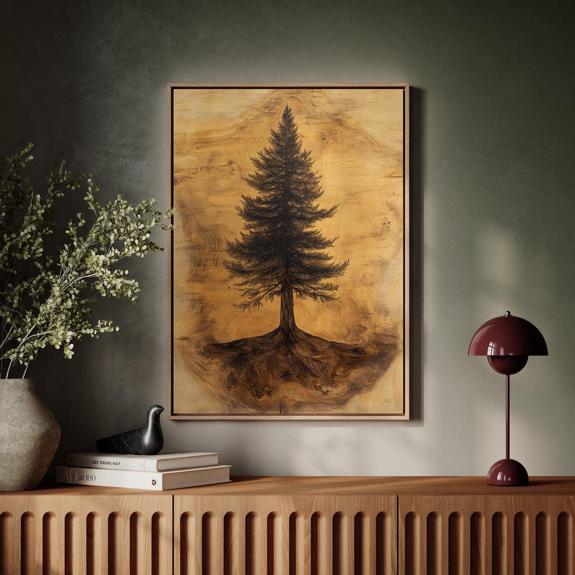 Lone Pine Tree With Roots Black Ink On Wood Grain Canvas Poster