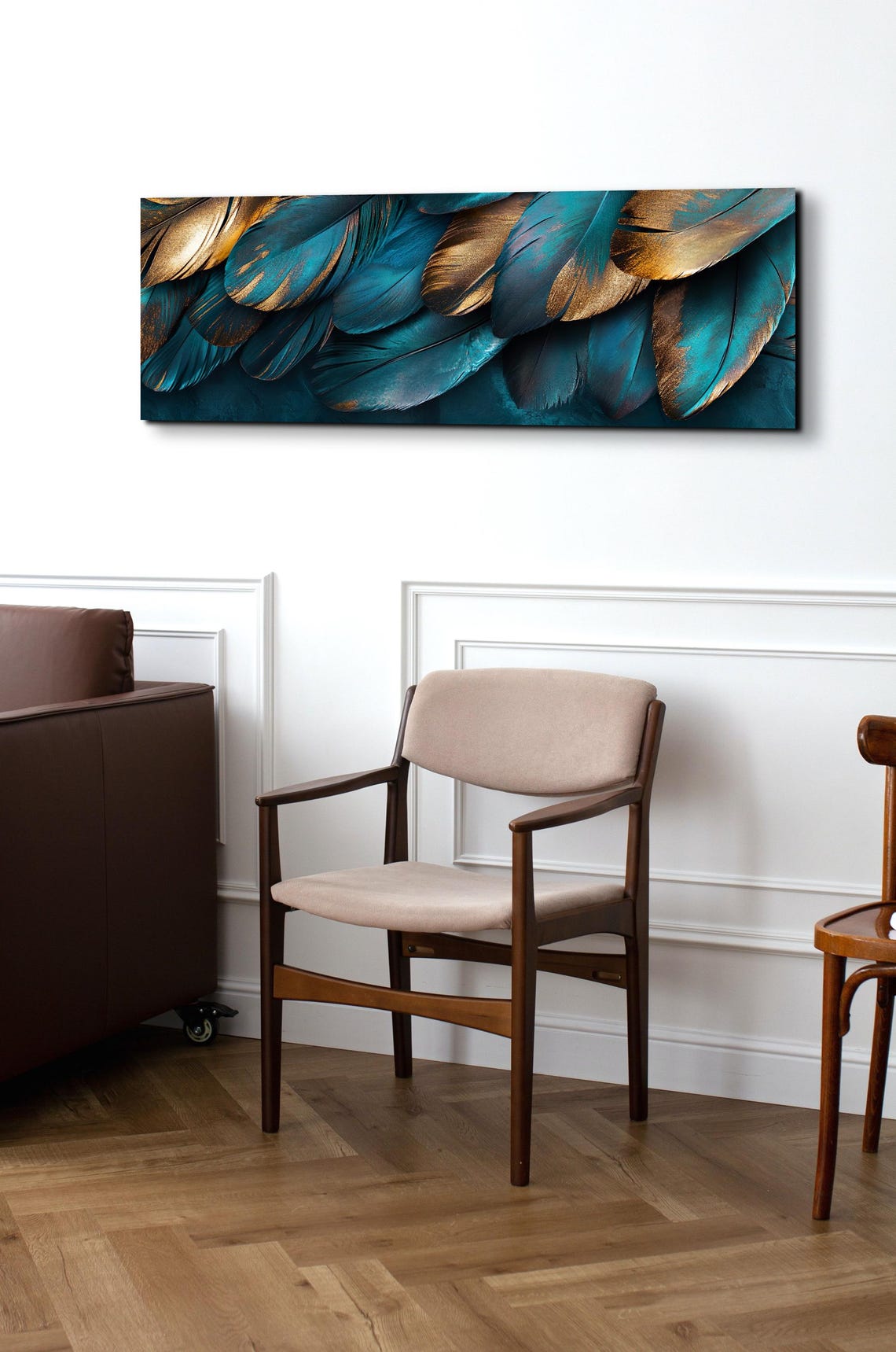 Teal And Gold Feather Close Up Luxury Panoramic Nature Art Poster - Image 3