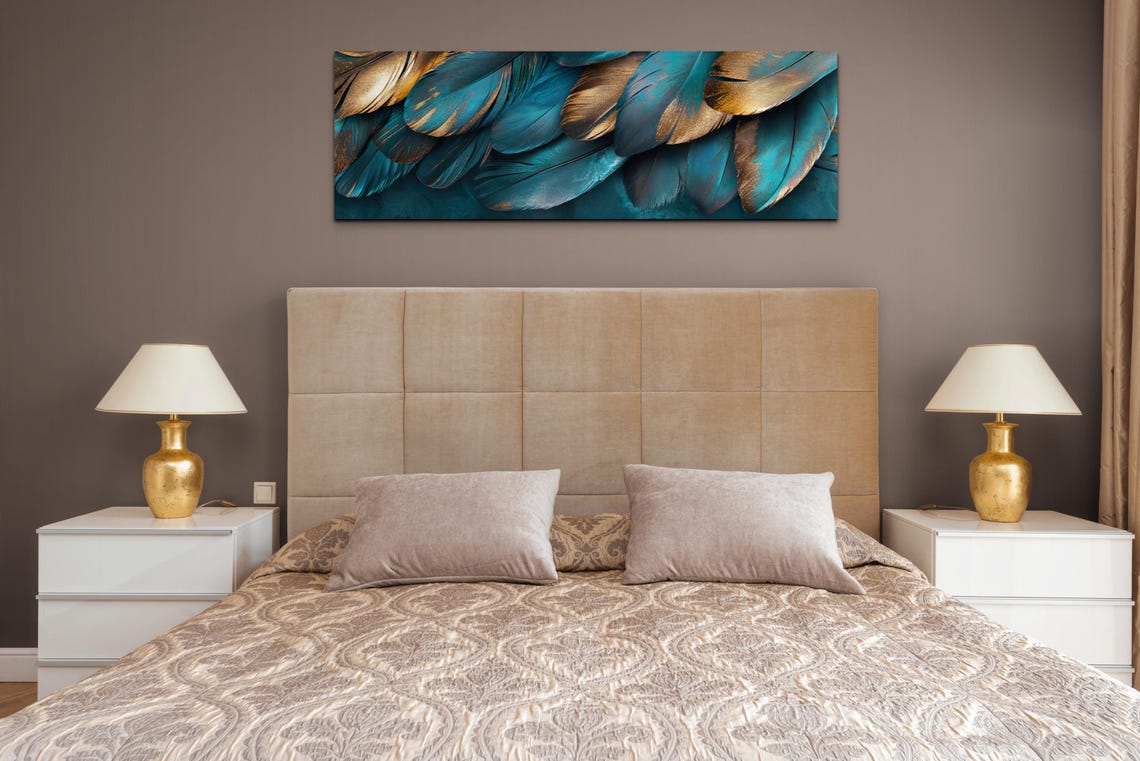Teal And Gold Feather Close Up Luxury Panoramic Nature Art Poster - Image 4