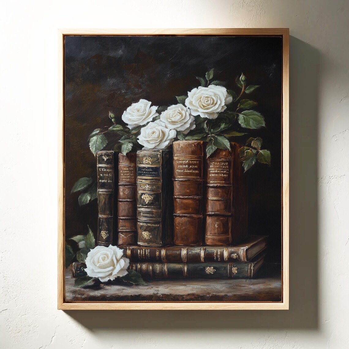 White Roses With Antique Leather Books Dark Floral Still Life Poster - Image 3
