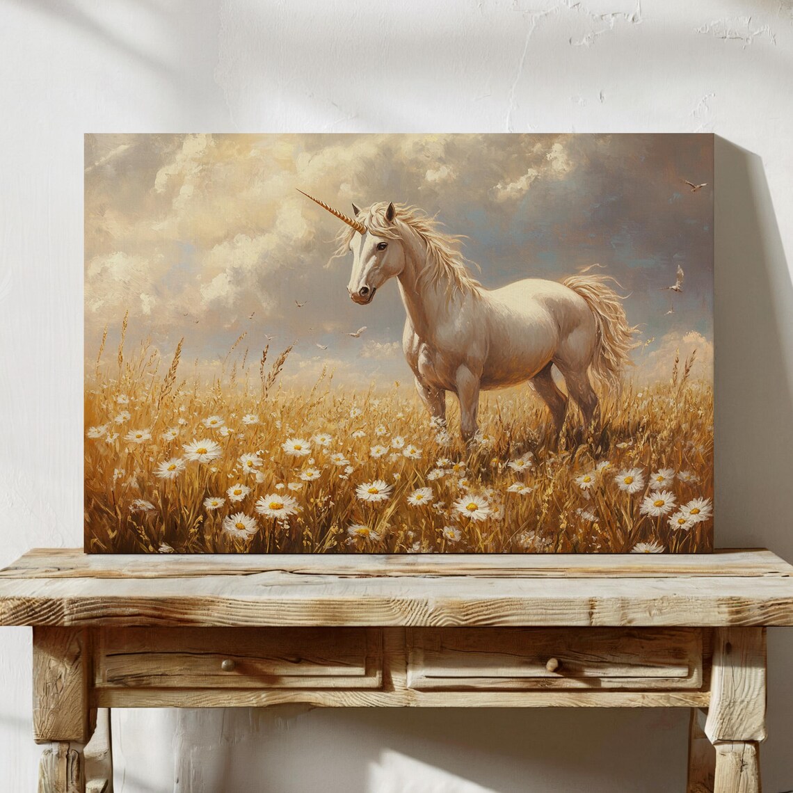 Majestic White Unicorn in Golden Flower Meadow Oil Painting Art Poster - Image 4