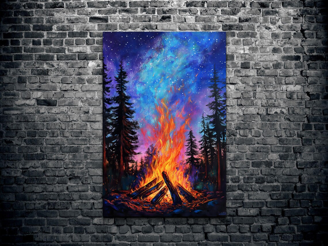 Blazing Campfire Starry Night Pine Forest Glow Warm Art Poster - Image 2