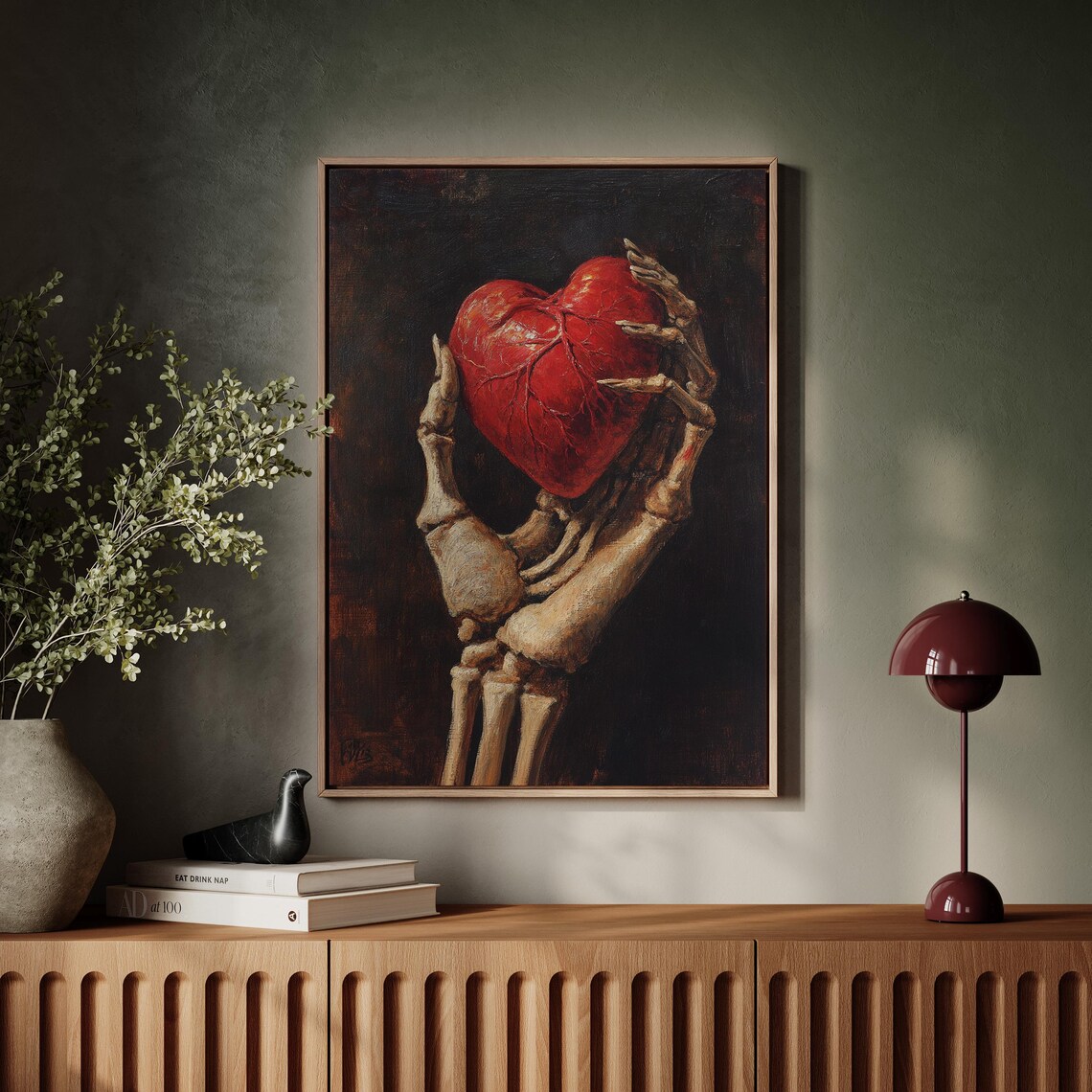 Skeleton Hand Holding Red Heart Dark Gothic Anatomy Oil Painting Poster - Image 3