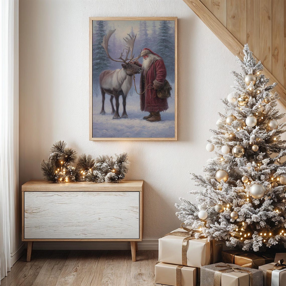 Santa Claus Standing With Reindeer In Snowy Forest Scene Poster