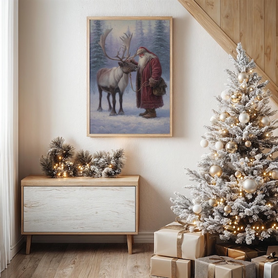 Santa Claus Standing With Reindeer In Snowy Forest Scene Poster