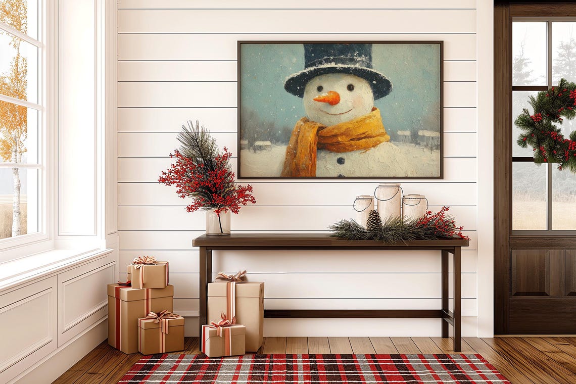 Cheerful Snowman with Top Hat and Golden Scarf Winter Painting Poster