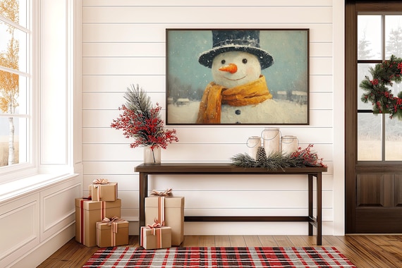 Cheerful Snowman with Top Hat and Golden Scarf Winter Painting Poster