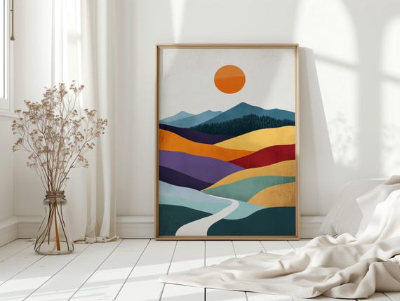 Colorful Abstract Mountain Landscape Canvas Modern Sun And Hills Artwork In Bold Geometric Layers Vibrant Nature Wall Decor For Home