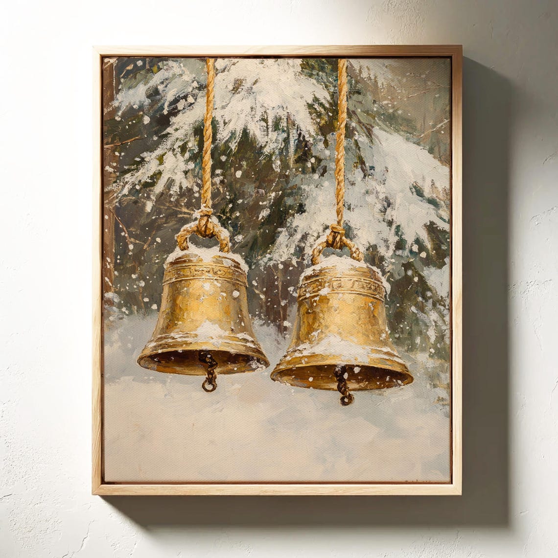 Two Golden Christmas Bells Hanging in Snowy Pine Forest Art Print - Image 4