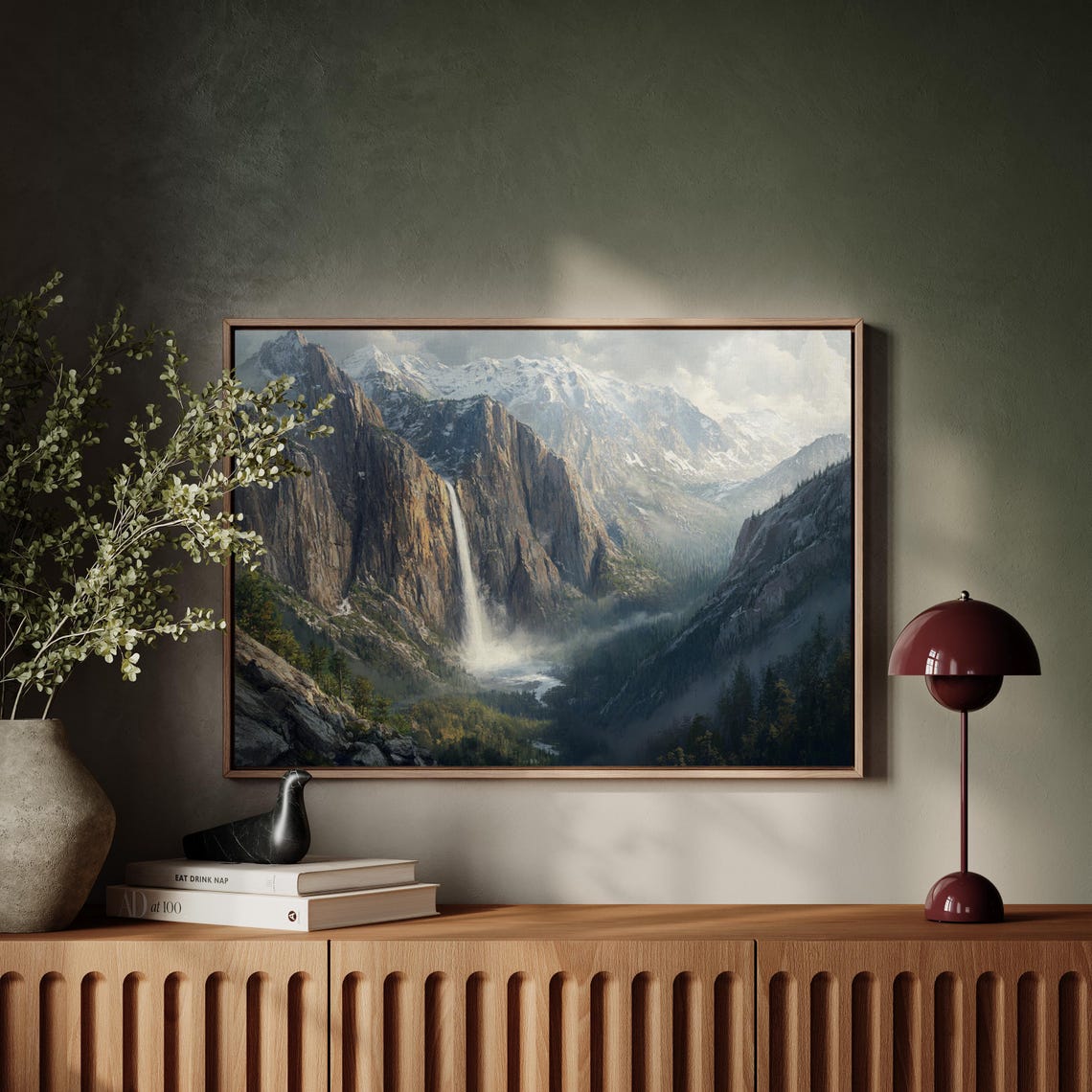 Majestic Waterfall Mountain Landscape Wall Art Nature Painting Print Scenic Wilderness Decor Misty Valley Artwork - Image 2
