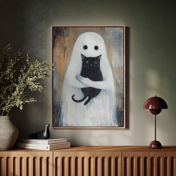 Ghost Holding Black Cat Adorable Spooky Halloween Cat Lover Poster