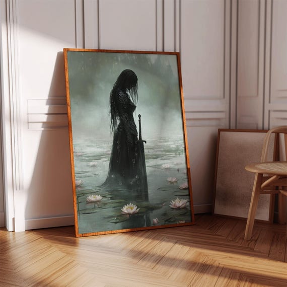 Dark Enchanted Warrior Woman In Water Lily Pond Mystical Sword Maiden Black Armor Fantasy Canvas Wall Art For Gothic Decor