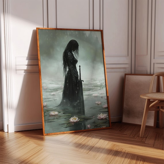 Dark Warrior Woman Water Lily Pond Misty Sword Fantasy Poster