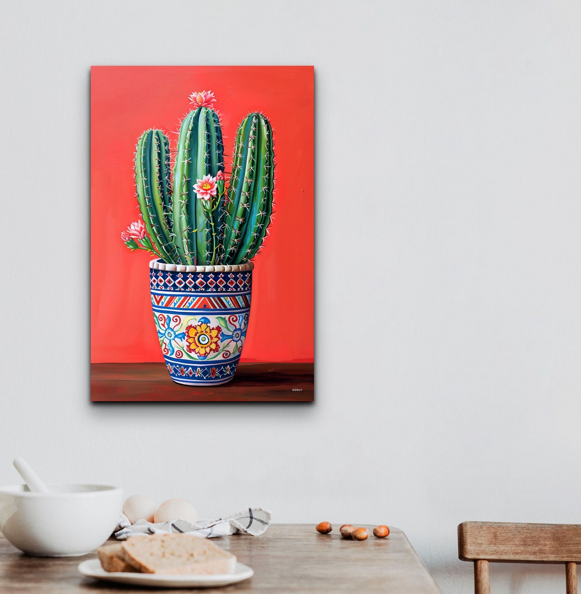 Flowering Cactus Patterned Pot Coral Background Southwest Wall Art - Image 3