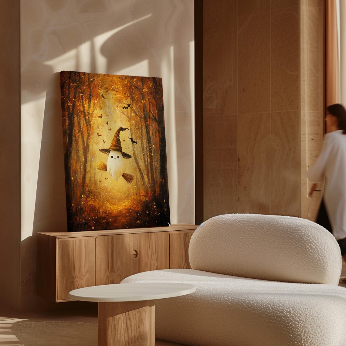 Cute Halloween Ghost Witch Hat Broom Autumn Forest Wall Art Print - Image 2