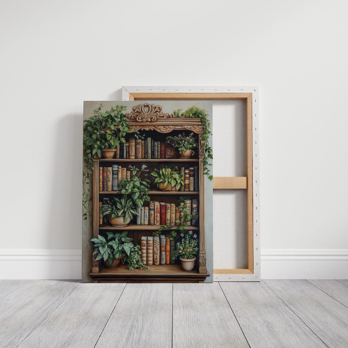 Vintage Carved Bookshelf Filled With Books and Trailing Plants Poster - Image 3