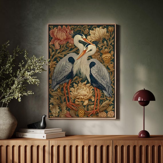 Elegant Crane Wall Art Pair of Herons, Floral Backdrop