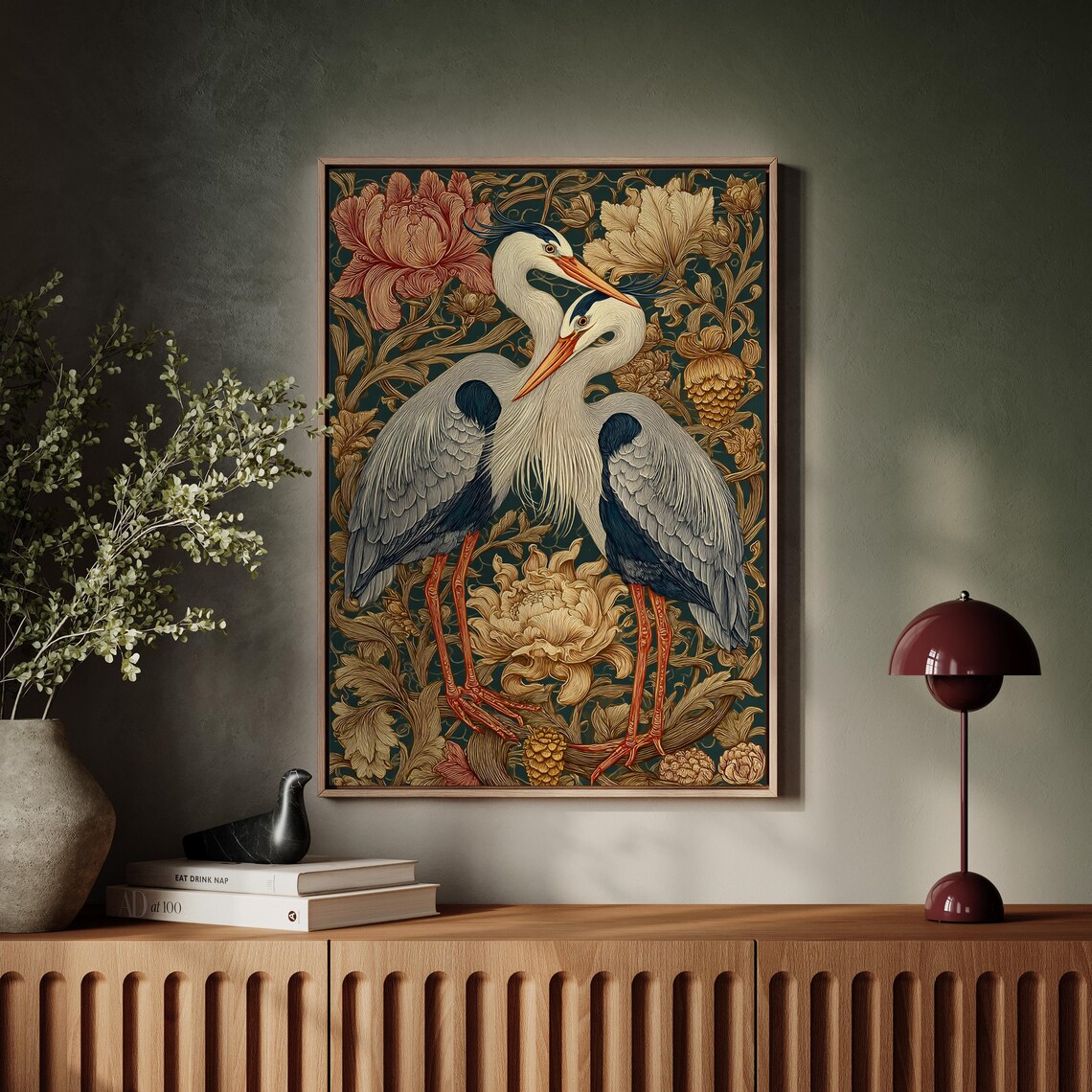 Elegant Crane Wall Art Pair of Herons, Floral Backdrop
