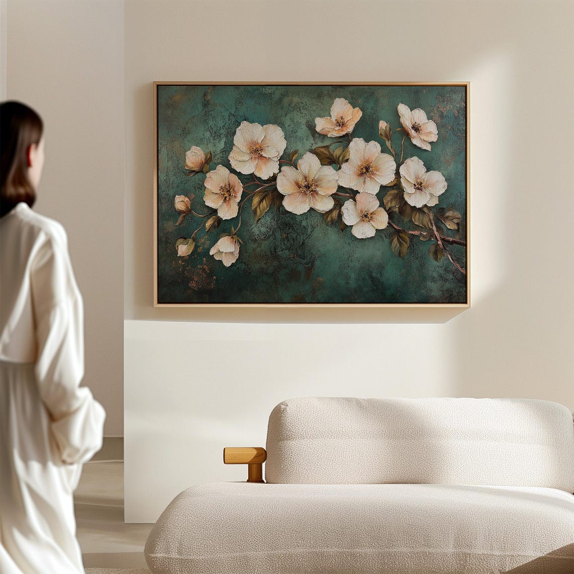 White Blossoms Teal Background Elegant Floral Botanical Wall Art - Image 6