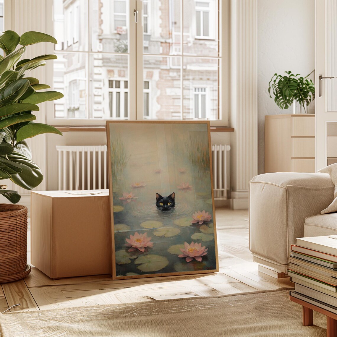 Black Cat Peeking Through Misty Water Lilies Fantasy Wall Art - Image 2
