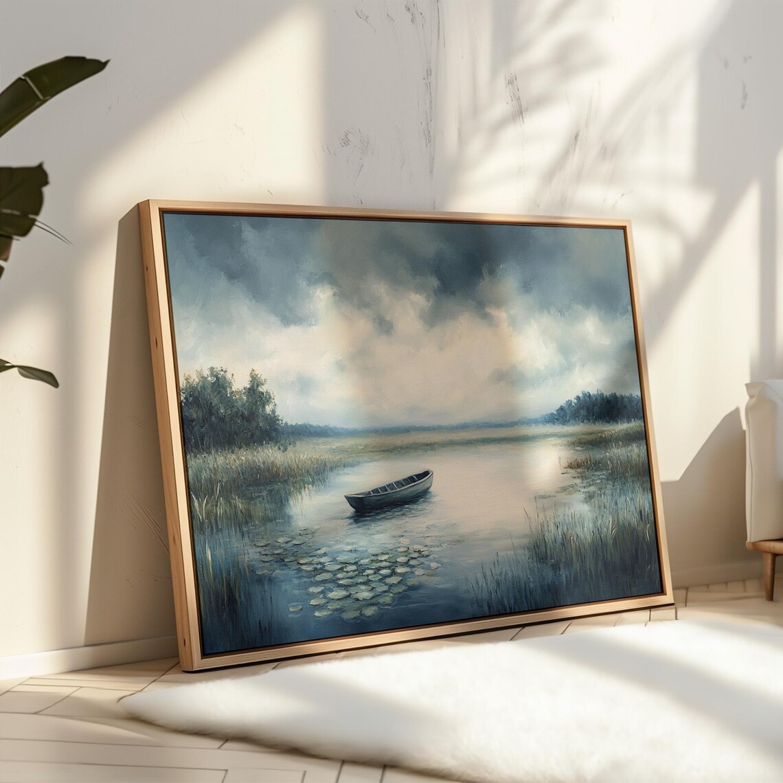 Lonely Rowboat On Misty Lake, Vintage Landscape Art Print - Image 4
