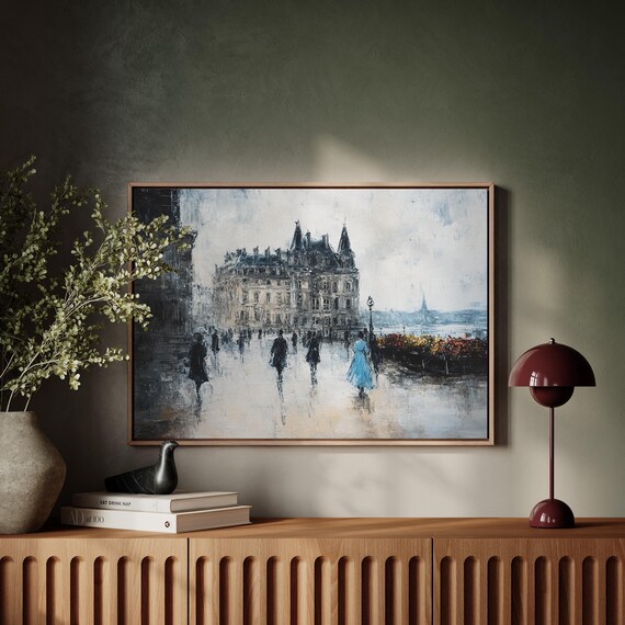 Rainy Parisian Street Scene Woman in Blue Dress Flower Market Poster
