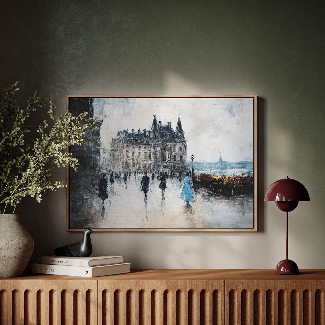 Parisian Street Scene On A Rainy Day With The Louvre In The Background Featuring A Woman In A Blue Dress Amidst A Flowery Market