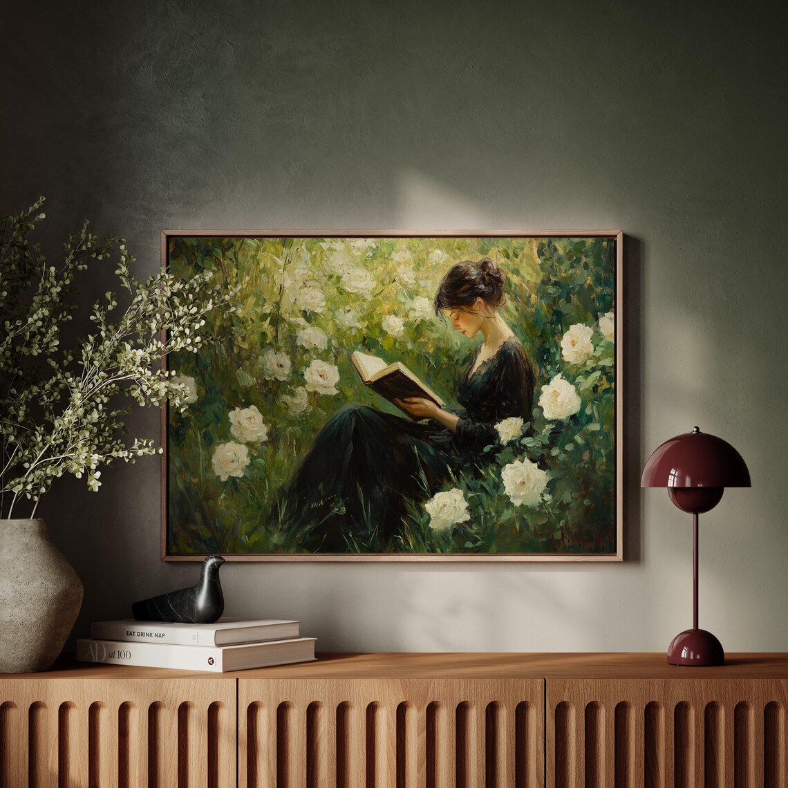 Elegant Woman Reading Among White Roses Vintage Art Print - Image 4