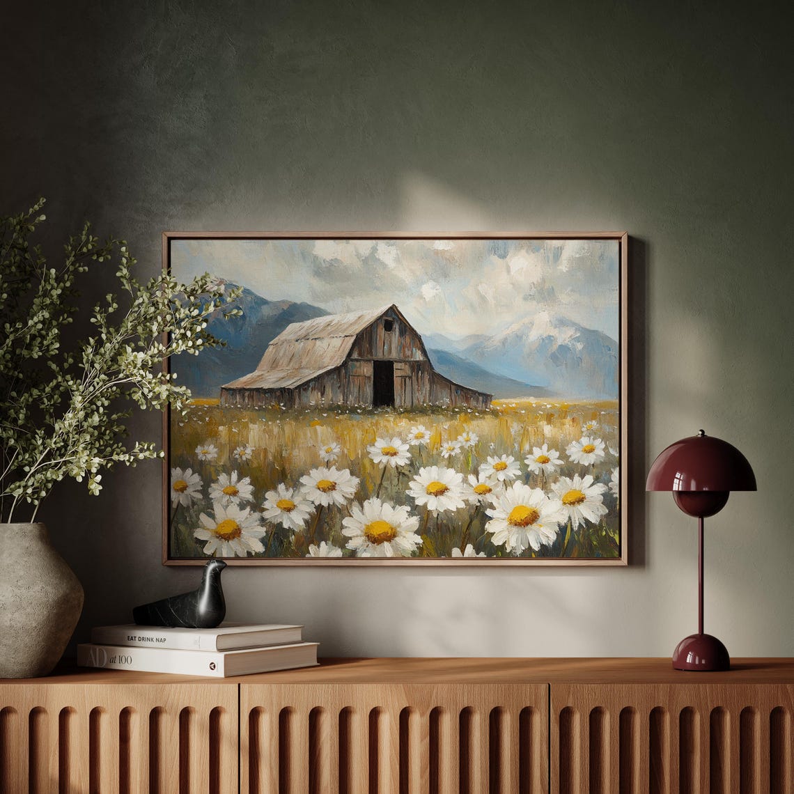 Rustic Old Barn In Daisy Field With Distant Mountains Wall Art - Image 5