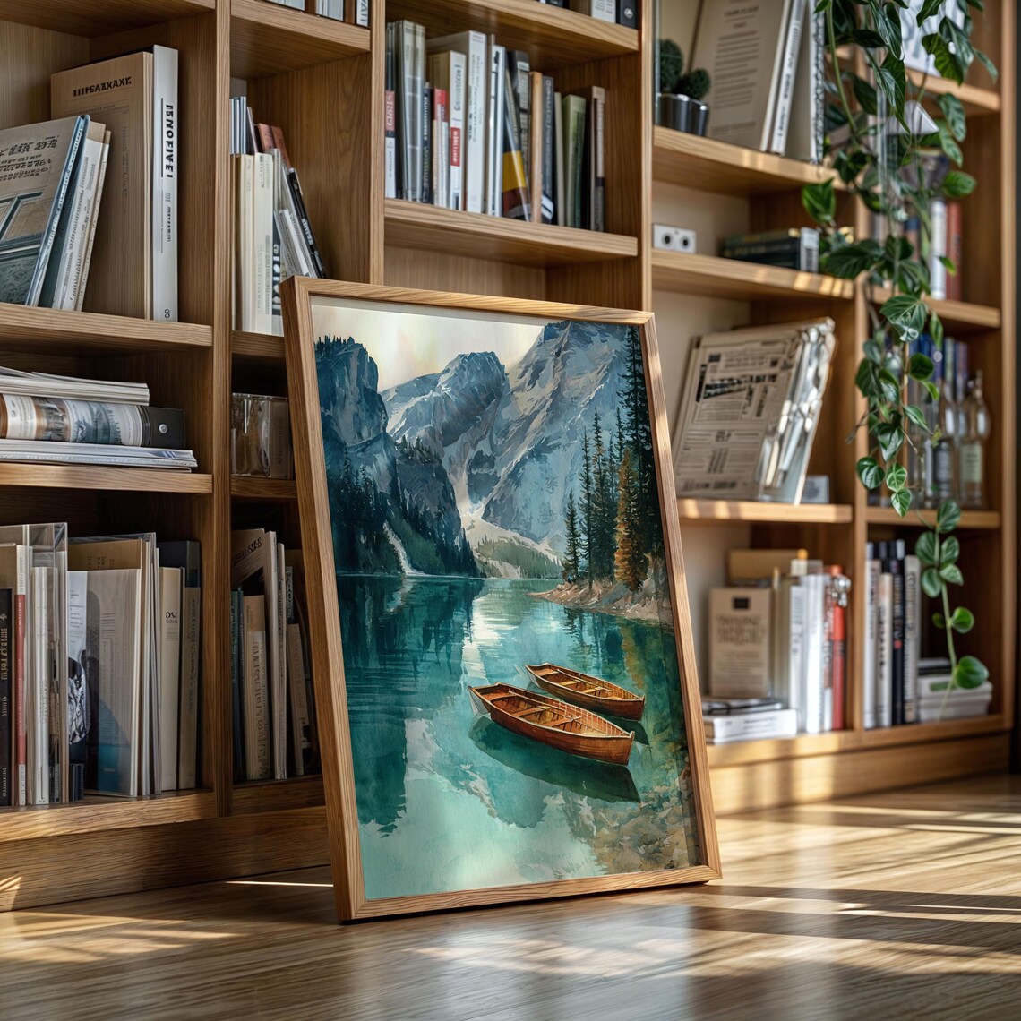 Wooden Boats On Tranquil Mountain Lake Watercolor Nature Art Poster
