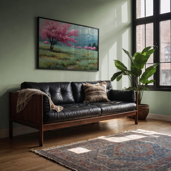 Cherry Blossom Landscape Canvas Pastel Mountain Wall Art Spring Flower Meadow Print For Living Room Bedroom Cottage Nature Decor