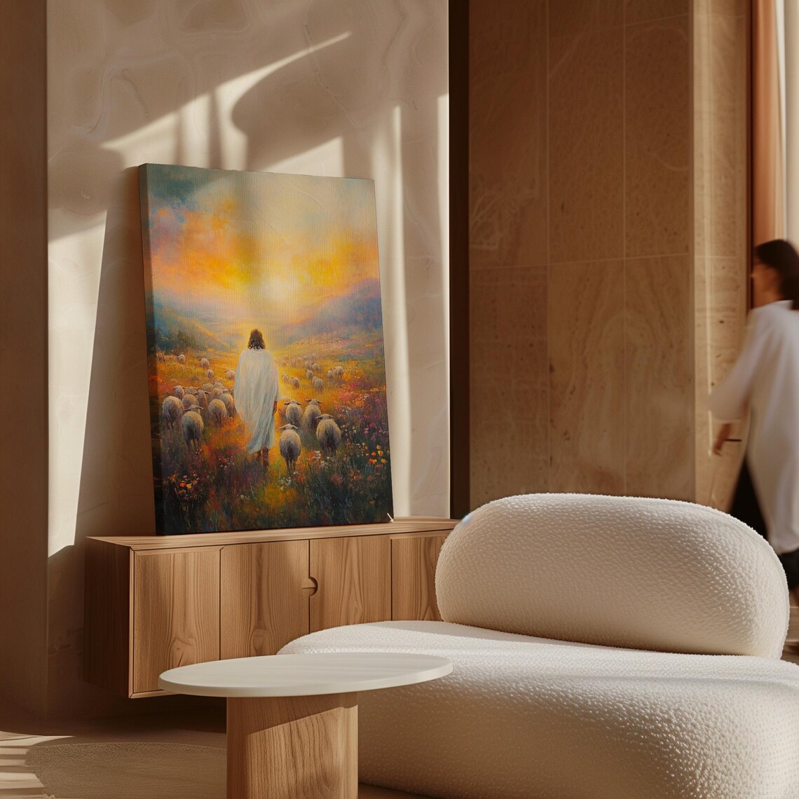 Jesus Walking With His Sheep Flock Through a Golden Sunrise Meadow Poster - Image 7