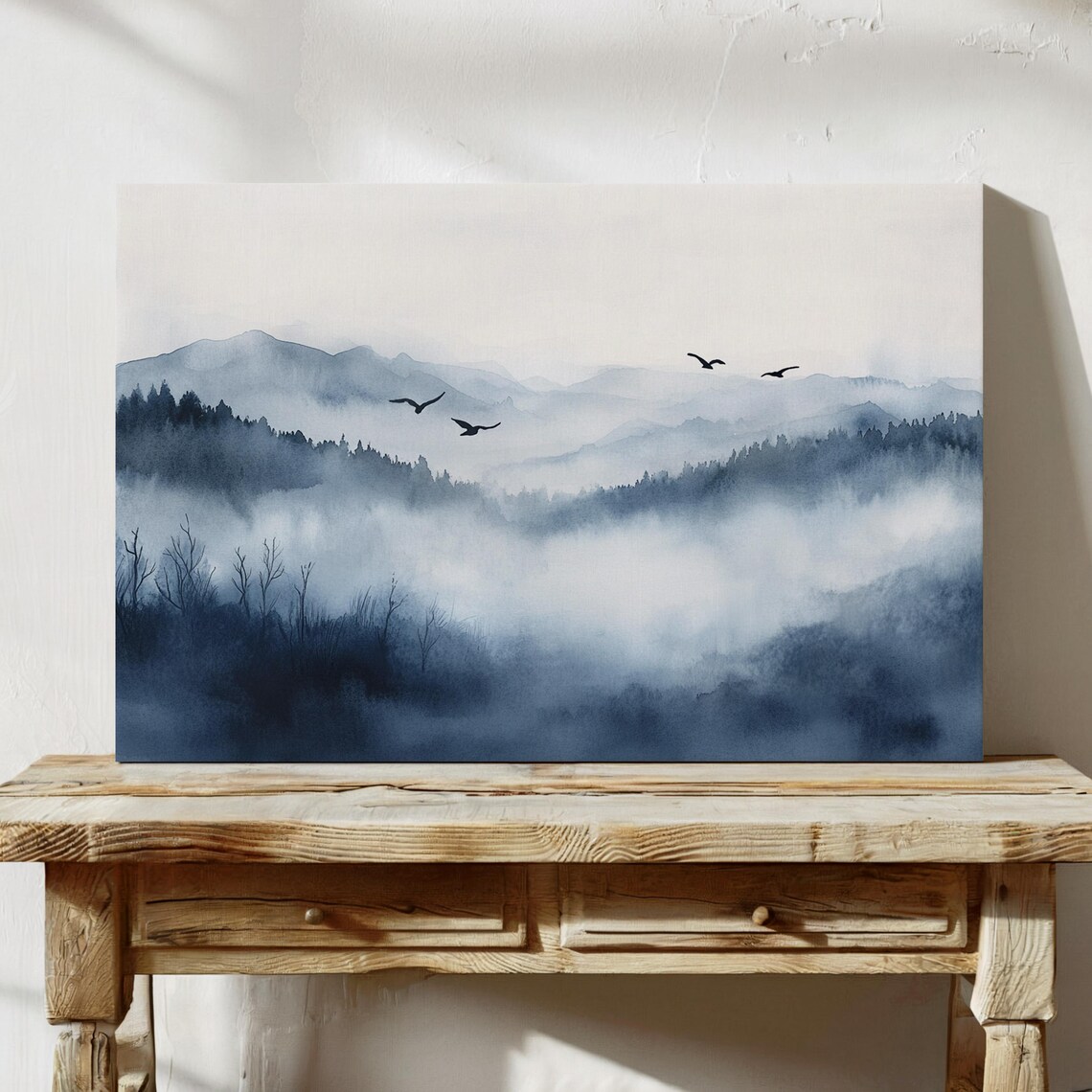 Misty Mountain Landscape With Birds in Flight, Watercolor - Image 5