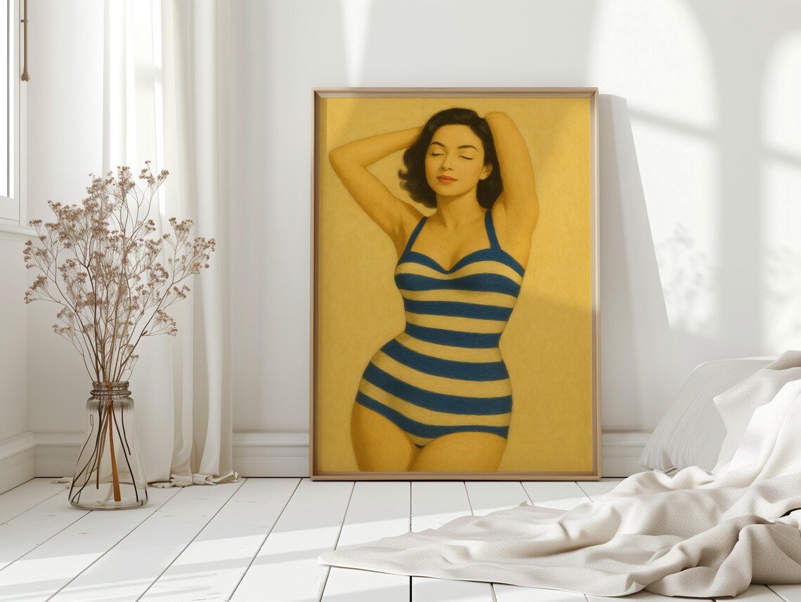 Retro Pinup Woman Blue Striped Swimsuit Midcentury Art Poster