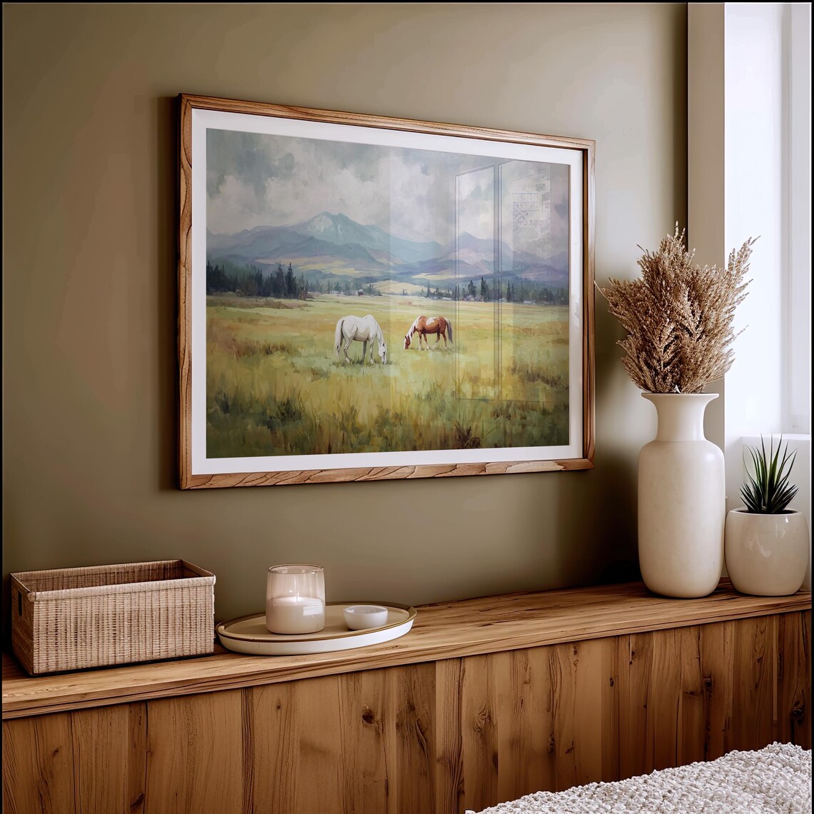 Horses Grazing Peacefully in Mountain Meadow Art Print