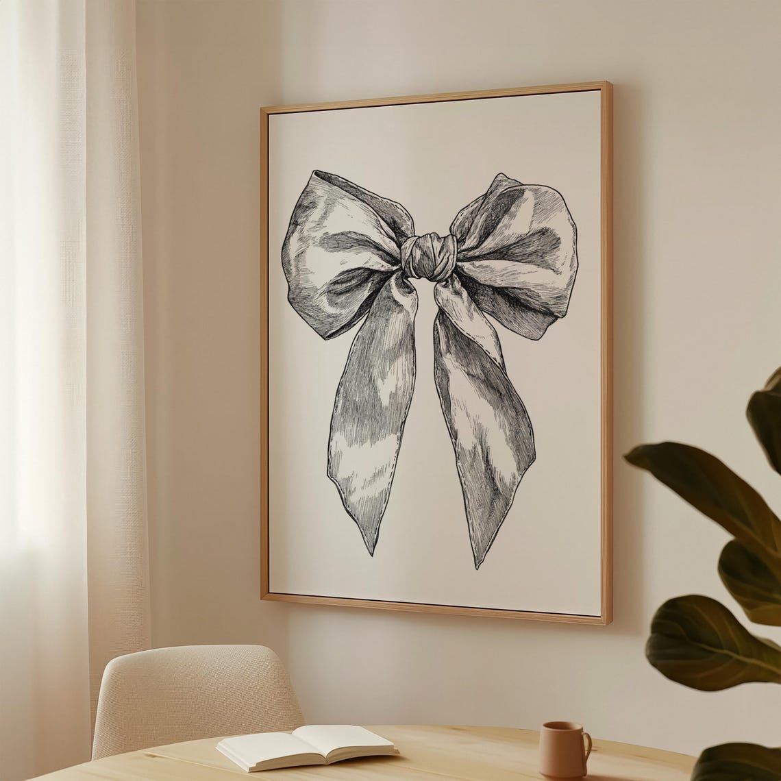 Black And White Bow Drawing Elegant Vintage Ribbon Sketch Wall Art - Image 2