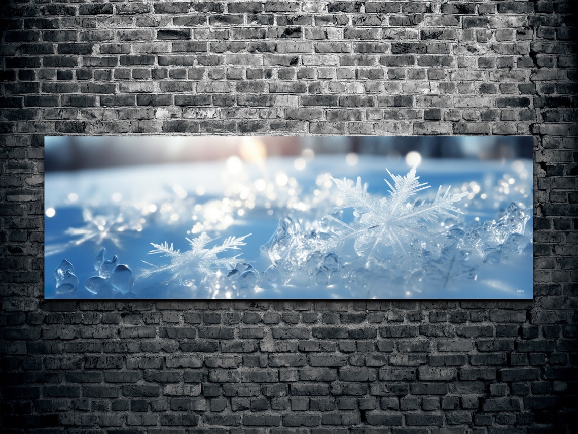 Macro Snowflake On Ice Crystals Blue Winter Panoramic Art Poster - Image 2