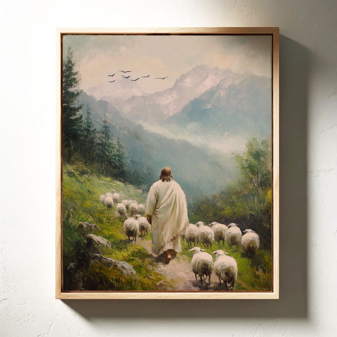 Jesus Leading Sheep Pastoral Mountain Valley Christian Art Print