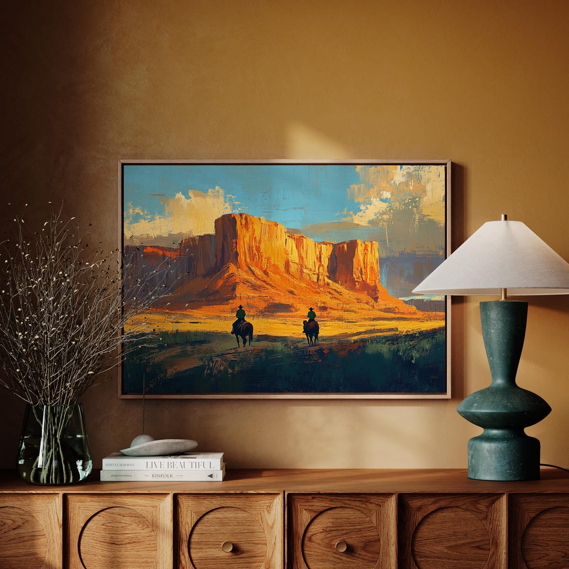 Western Cowboy Sunset Desert Horseback Riding Art Southwest Ranch Wall Decor Rustic Wild West Landscape Painting - Image 5